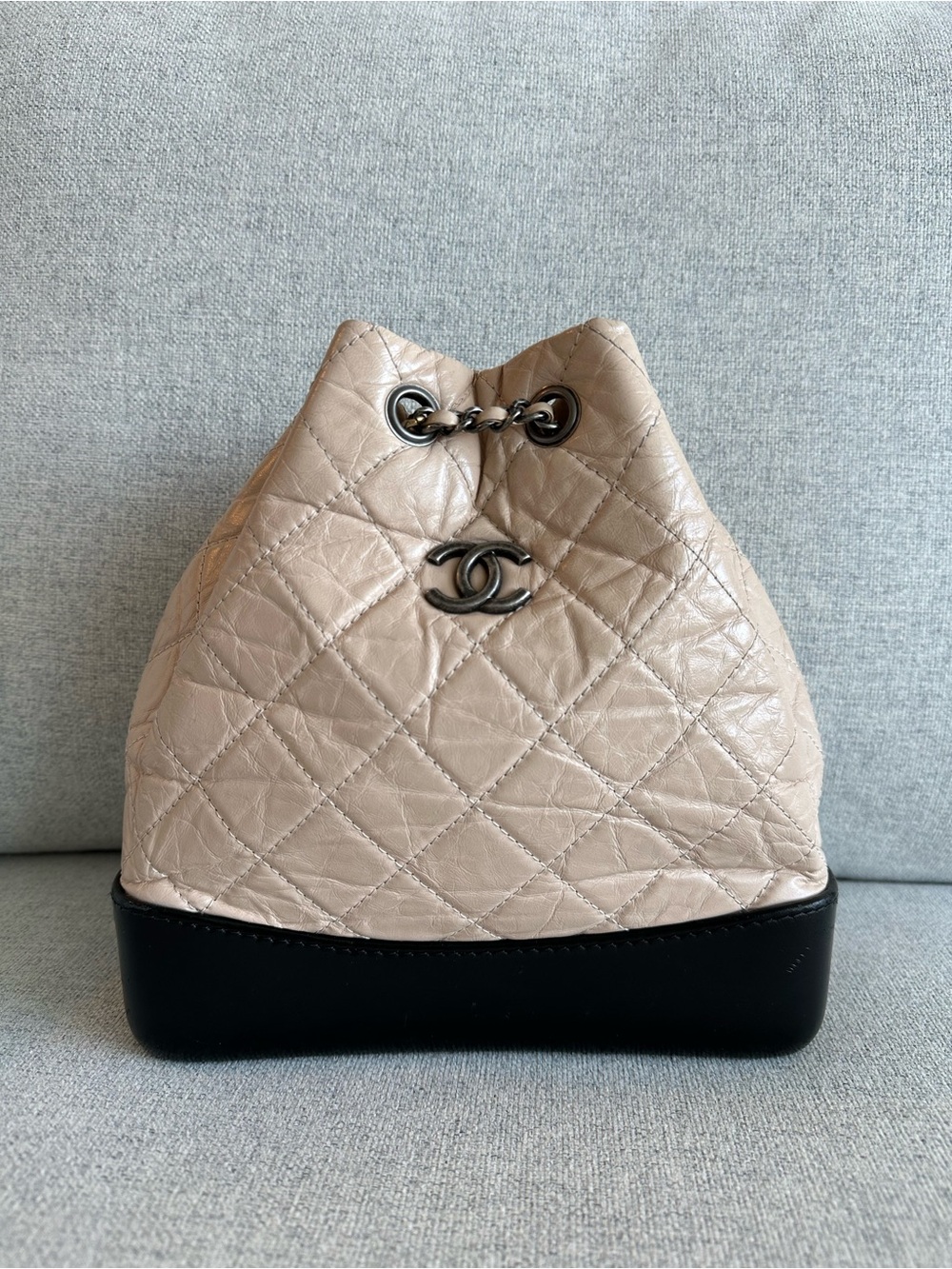 Authentic CHANEL Beige Black Small Gabrielle Quilted Chain Backpack